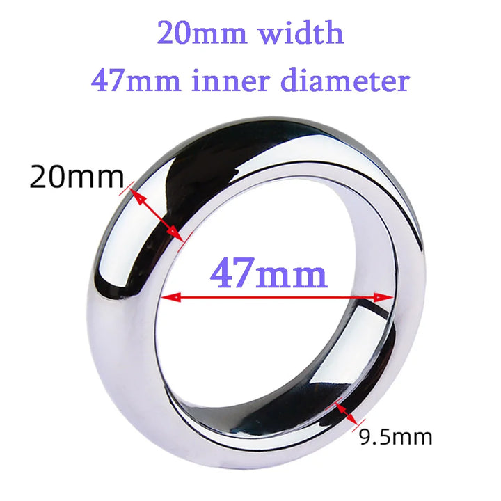 Dimensions chart for a 47 mm inner diameter 20 mm thickness hypoallergenic stainless steel cock ring