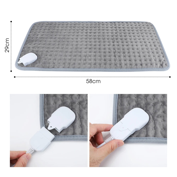An image showing the electric heating pad dimensions of 58 cm long and 29 cm wide, and connection instructions of simply plugging the white electric cord into the white socket on heating pad