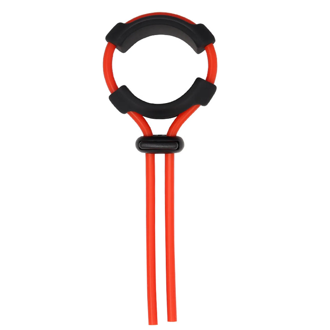 A red and black adjustable cock ring with a comfort band, featuring an adjustable single-button clasp.