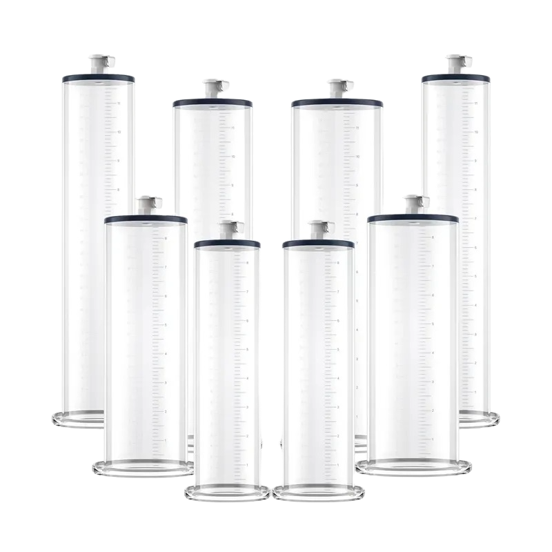 A set of clear acrylic cylinders of varying sizes, designed to be used as replacement parts for air-powered penis pumps.