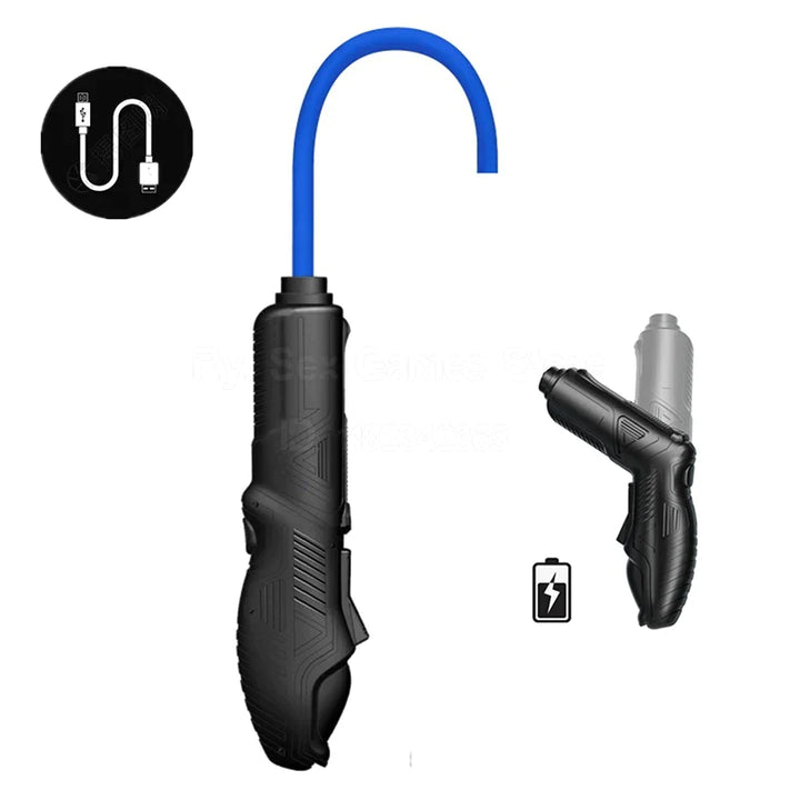 An image showing a black handheld electronic vacuum pump with a blue hose extending out of it displaying how to connect the pieces together