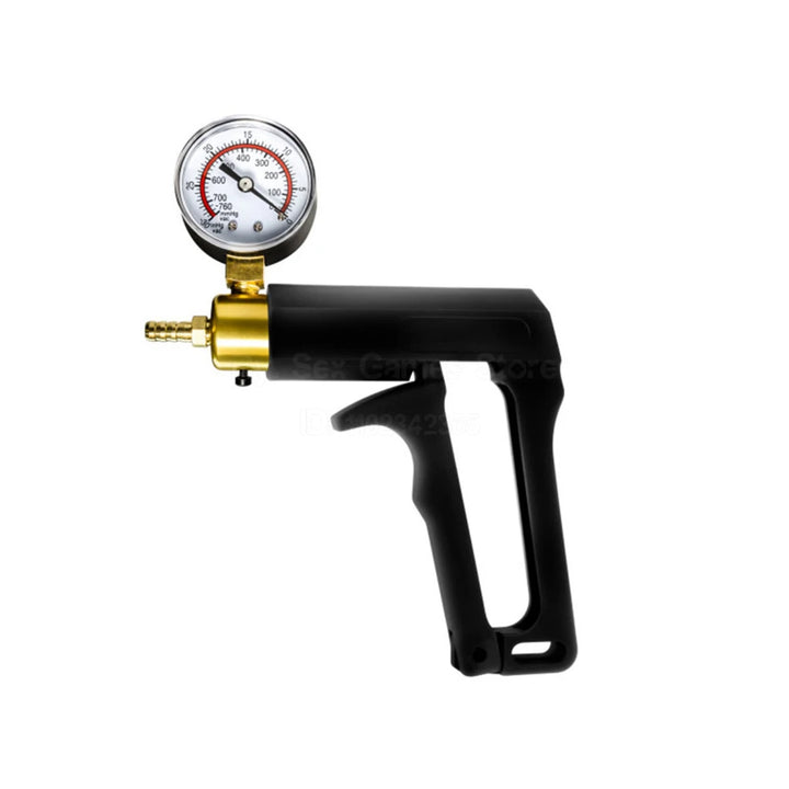 An image showing a black ergonomic manual trigger pistol hand pump with a copper nozzle and analogue pressure gauge, on a white background