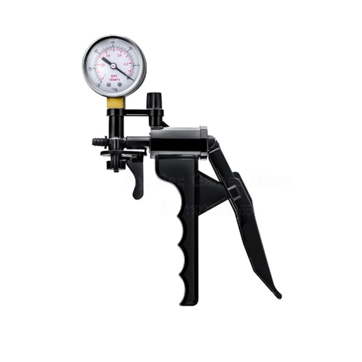 An image of a black manual-trigger hand pump made of ABS plastic with a white pressure gauge in analogue display on a white background