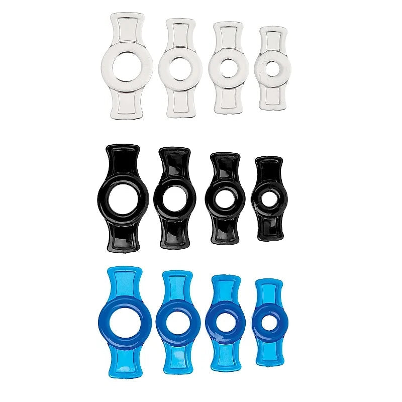 An image showing three sets of cock rings with pullable side tabs in transparent white, black, and blue colors, with four sizes each on a white background