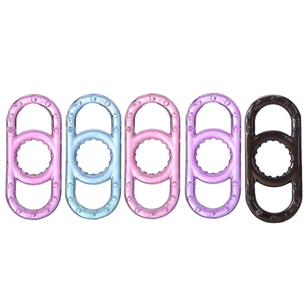 The image shows a set of five cock rings with pullable side handles. They are displayed in a row in various pastel colors, including black, clear, purple, pink, and blue.