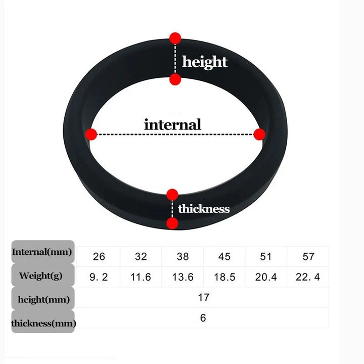 An image of all dimensions of the flat cock ring including their internal diameter, weight, height, and thickness