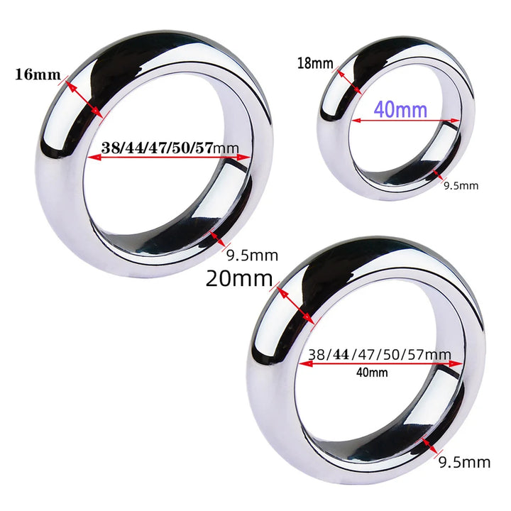 A dimension comparison photo of three sizes of stainless steel premium cock rings including the 20 mm large, 18 mm medium, and 16 mm small