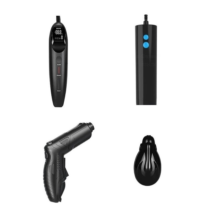 A collection of electric air penis pump handheld devices comprising a black SmartTech electric pump with LCD screen and 3 button control, a black two-button electric remote control pump, a black electronic trigger handheld pump, and a black electronic ball pump, all on a white background