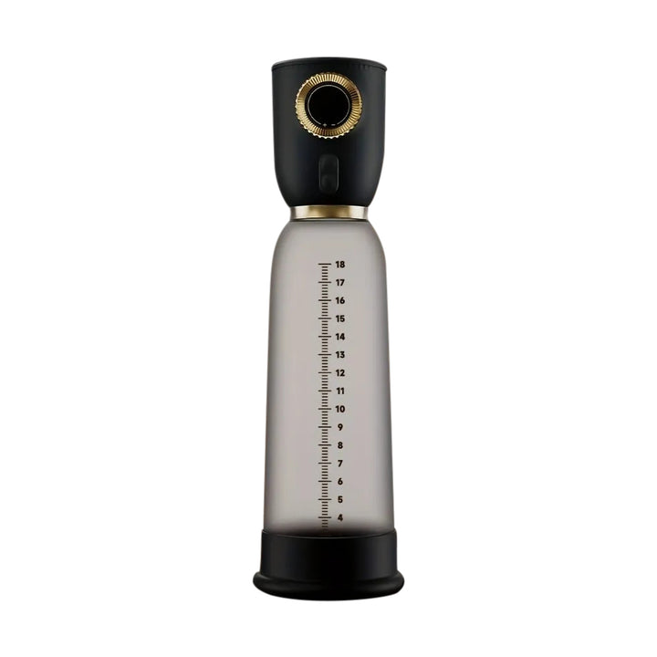 This image shows the electric air penis pump series B with a tinted clear acrylic cylinder, and a black electric pump mechanism
