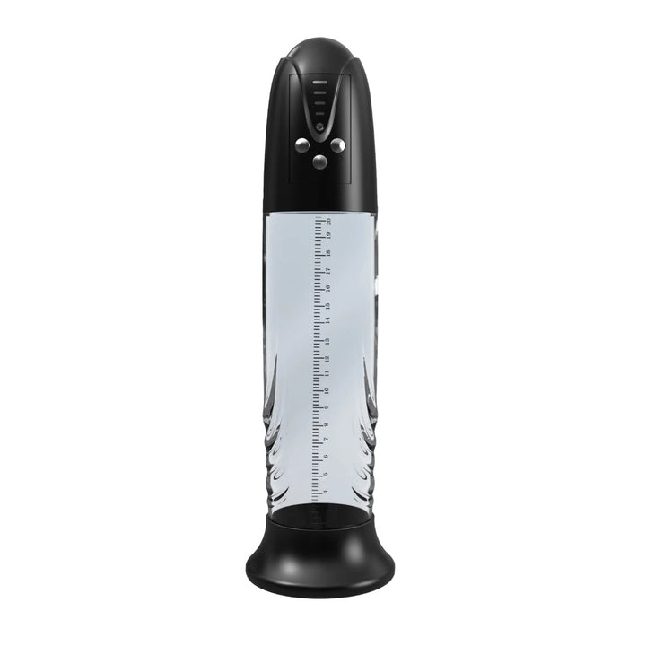 The image shows a black and transparent electric air penis pump with a three-button digital remote panel and adjustable settings.