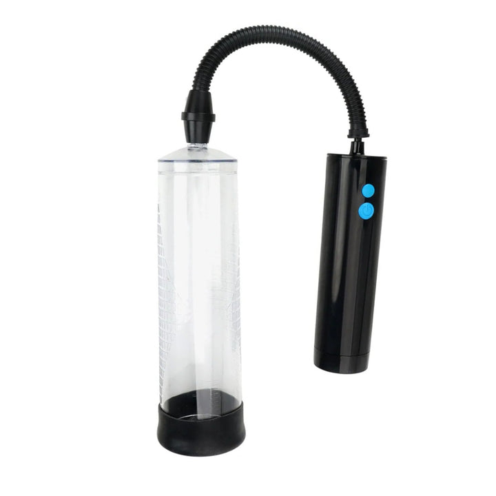 The image shows a black electric air penis pump with a clear cylinder, a long flexible cord, and a handheld electronic remote pumping mechanism. The pump remote control has two buttons, one for power and one for quick release, and is designed for use in a reclining position.