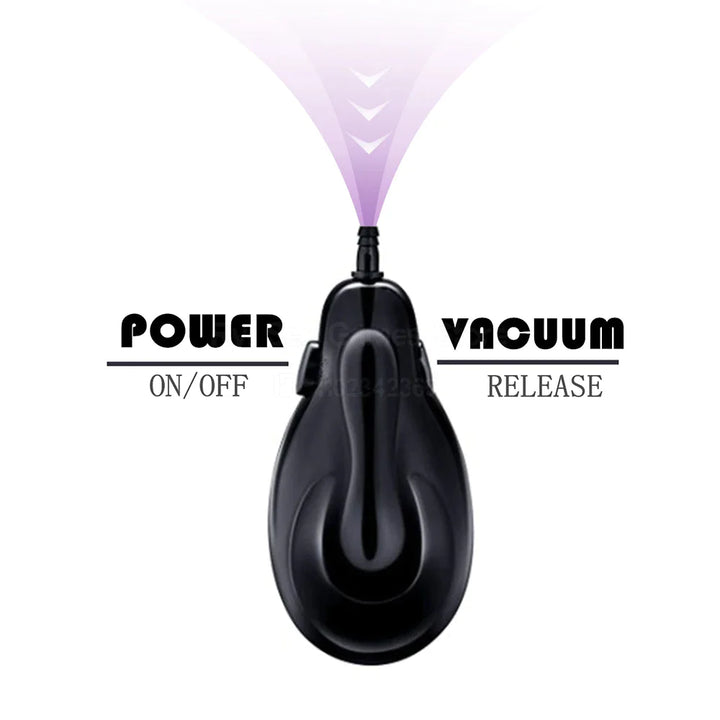 An image displaying the electric bulb vacuum device remote control with its two buttons comprising a power on/off and safety vacuum release button, with a graphic of air displayed in pink/purple colors