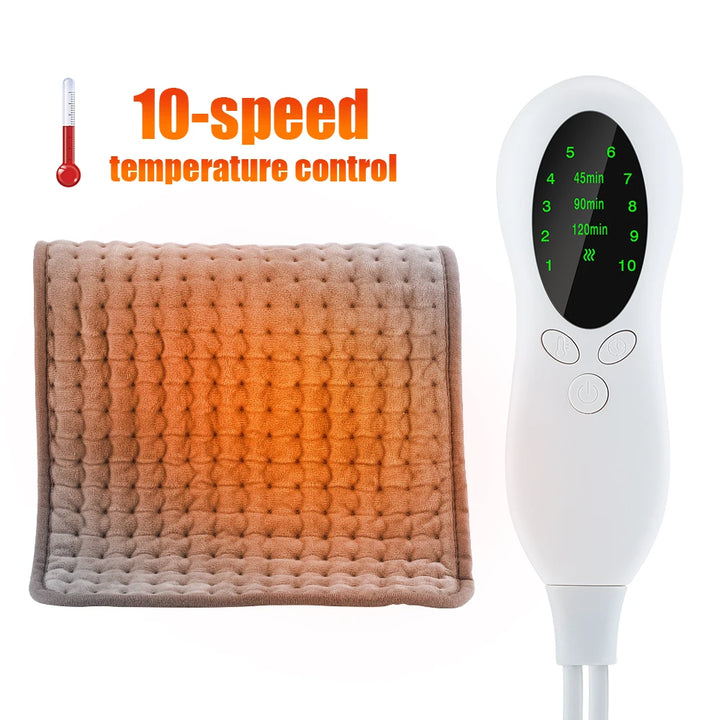 An image showing the 10 levels of heating temperature for the electric heating pad, with the white LCD remote control