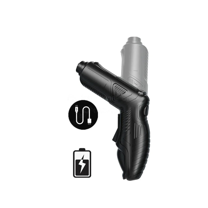 An image of a black pistol-trigger electric penis pump remote control showing the two orientations as well as a USB charging cable icon and battery icon on a white background