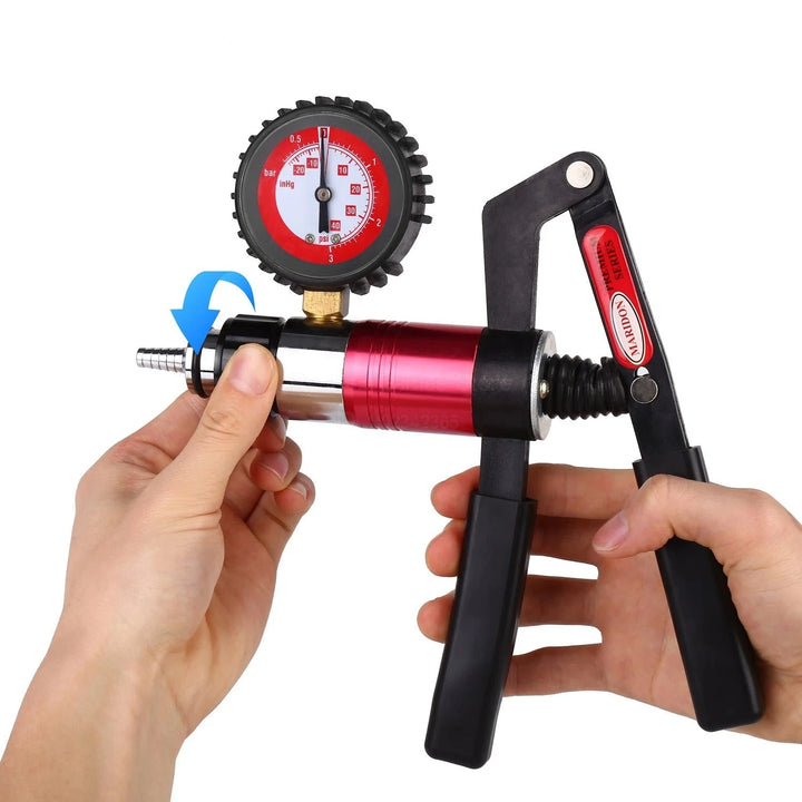 An image of the ErgoMax hand pistol trigger pump with a pressure gauge, ergonomic rubberized handle, and a steel construction body on a white background with a man holding the pump and rotating the pressure level