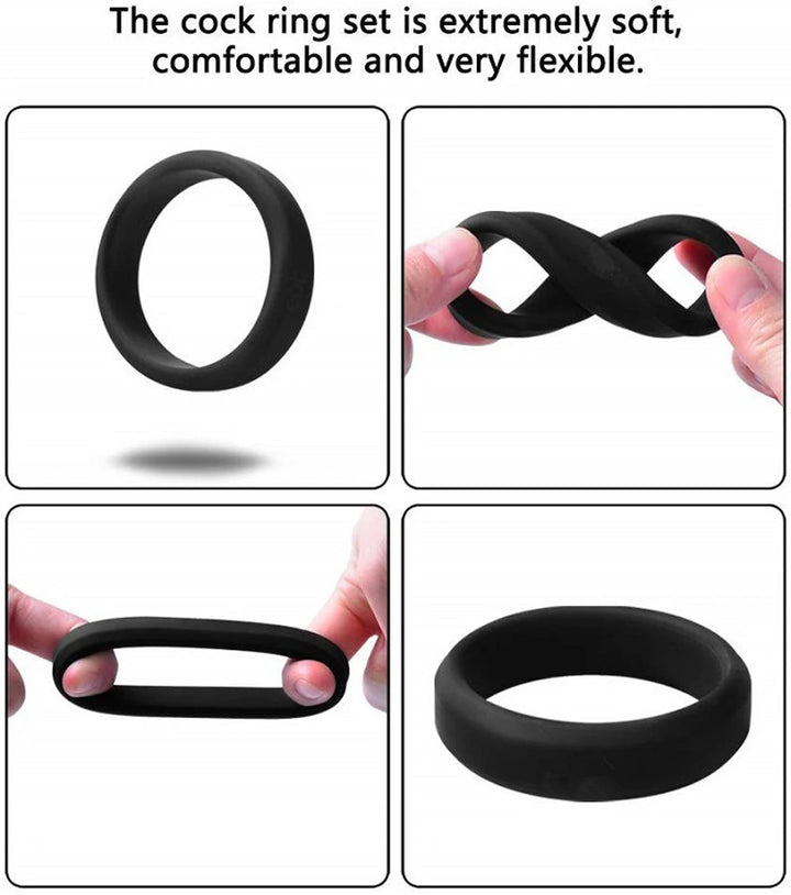 An image showing four separate black cock rings and their features like extremely soft, comfortable, flexible, stretchy