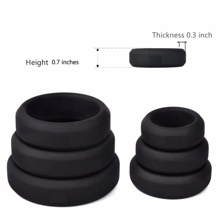 An image showing the height of 0.7 inches and thickness of 0.3 inches for the black flat cock rings