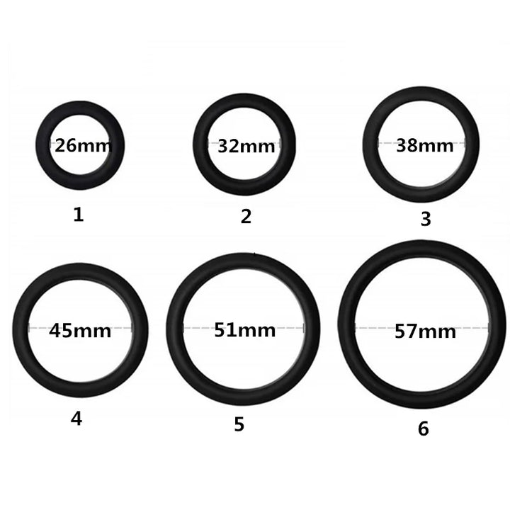 An image of six black flat cock rings with their option numbers and internal diameter dimensions