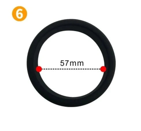 Product image showing a black flat cock ring measuring 57 mm in internal diameter