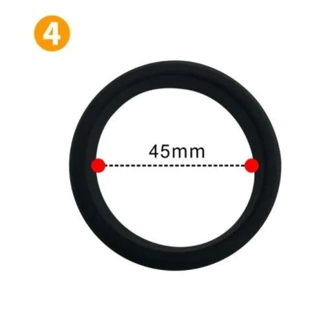 A product image of a single black flat cock ring measuring 45 mm internal diameter with the number four variant in a yellow circle in the top left corner