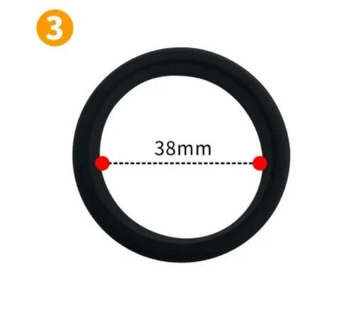 A product image showing a black flat cock ring made of silicone material measuring 38 mm and the number three in a yellow circle at the top designating the variant