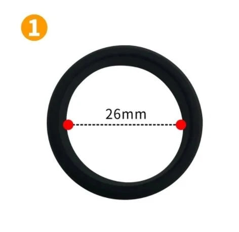 A product image of a flat black cock ring measuring 26 mm in internal diameter with the number 1 in the upper left corner