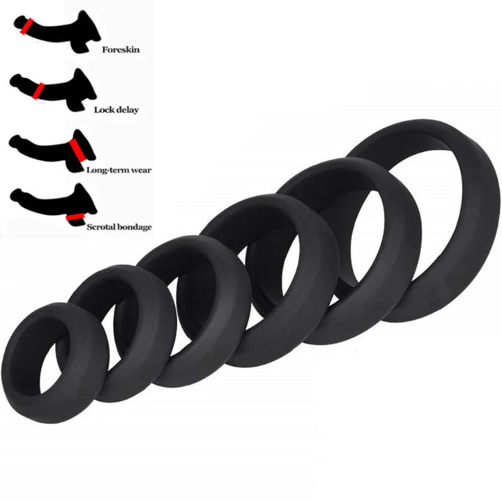 An image showing a set of black cock rings, and penis shaped images with the flat cock rings on them
