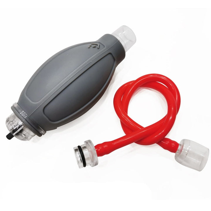 This image shows a gray hand pump and red hose for the manual water penis pump