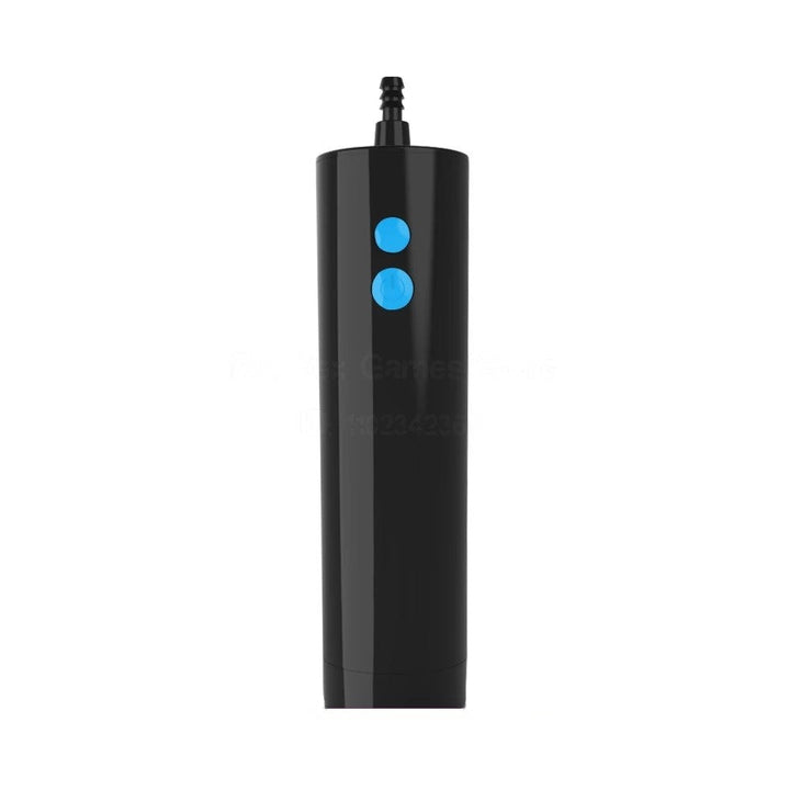 An image of the two-button electric penis pump remote control in black ABS plastic with blue buttons
