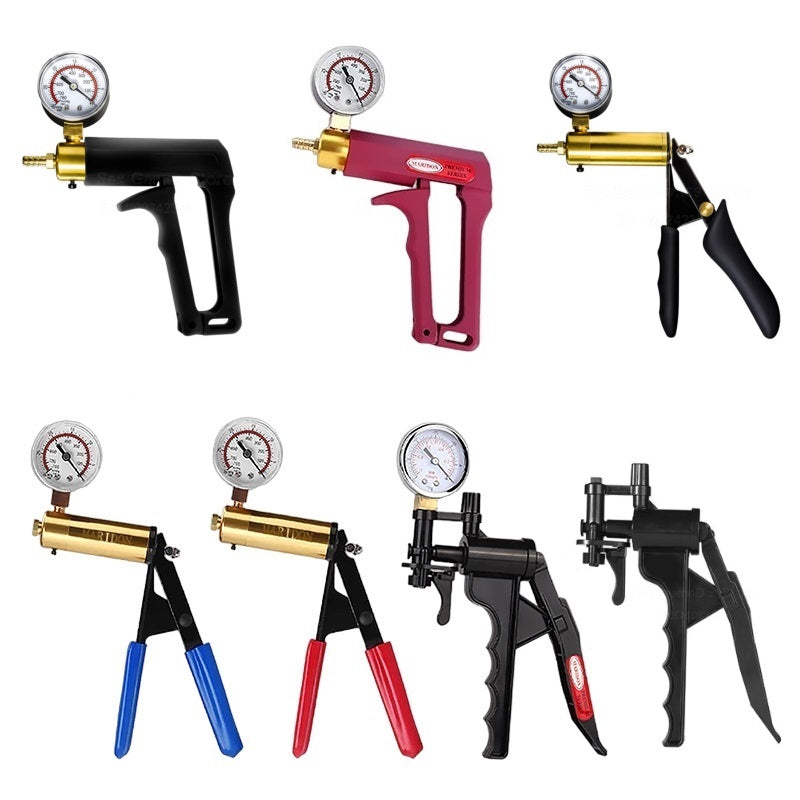 A collection of manual-trigger-pistol air penis pumps in various colors, with pressure gauges, ergonomic grips, and rubber handles on a white background