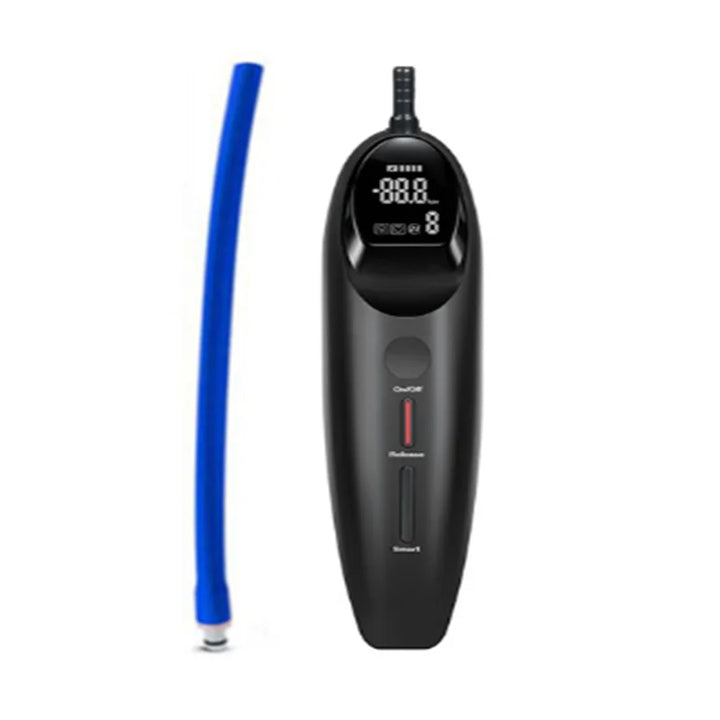 A black electronic penis pump remote control with a blue silicone hose on a white background