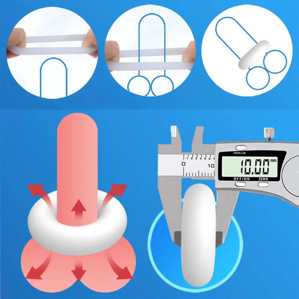 An image showing how to use the premium thick cylindrical cock rings with penis graphics with the cock rings wrapped around