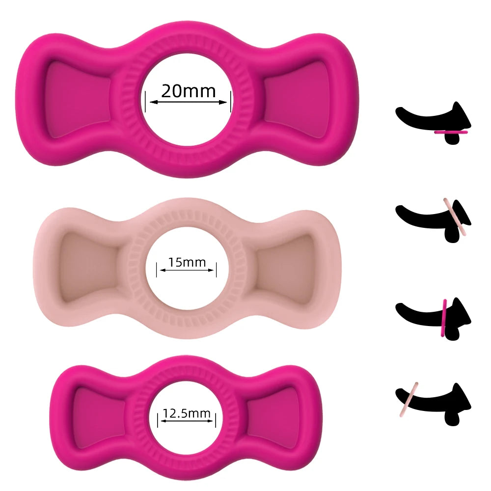 An image shows four different penis graphics with the premium cock rings with pullable side tabs in use, with configurations around the testicles, around the base behind the balls, around the base in front of the balls, and around the glans