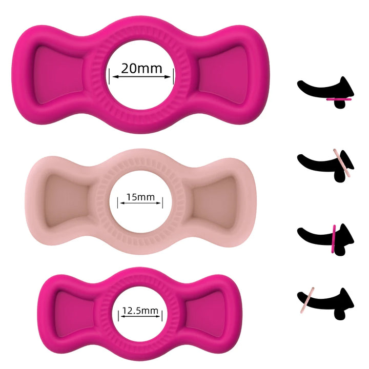 An image shows four different penis graphics with the premium cock rings with pullable side tabs in use, with configurations around the testicles, around the base behind the balls, around the base in front of the balls, and around the glans