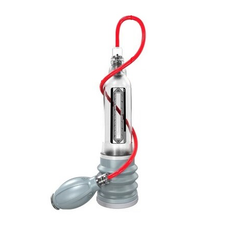 Water penis pump with cylinder, hose, and hand pump on a white background