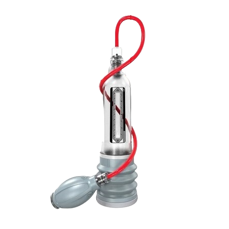 This image shows a transparent clear water penis pump with an extendable red hose connected to a gray hand pump on a transparent background