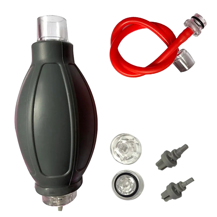 Water Penis Pump Replacement Parts including gray hand pump, red hose, and valves on a transparent PNG background