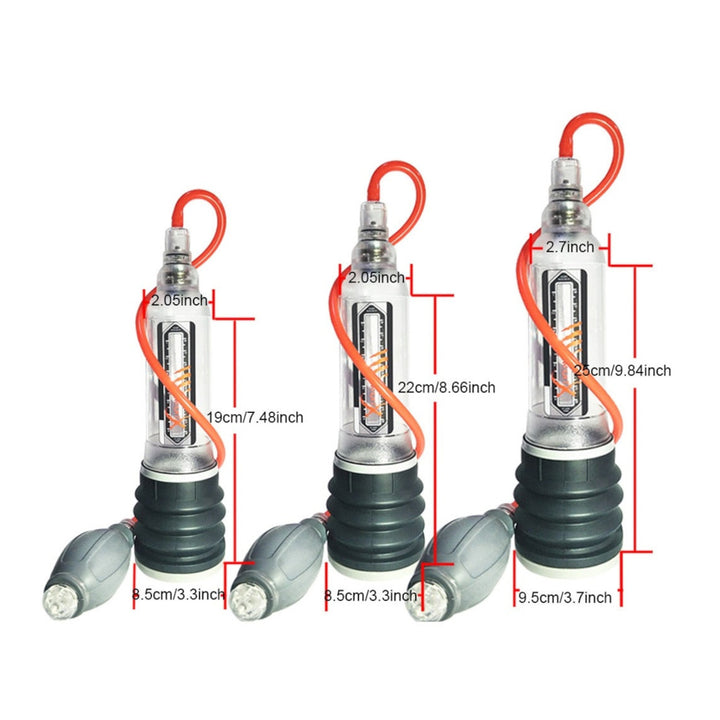 Three different water pumps with hoses in small, medium, and large cylinder with measurements