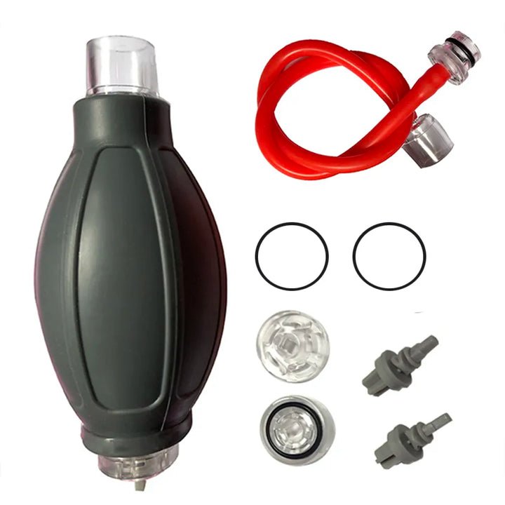 The image shows a collection of replacement parts for the HydroPower Water Penis Pump. This includes a gray hand pump, a red hose, and several connector valves.
