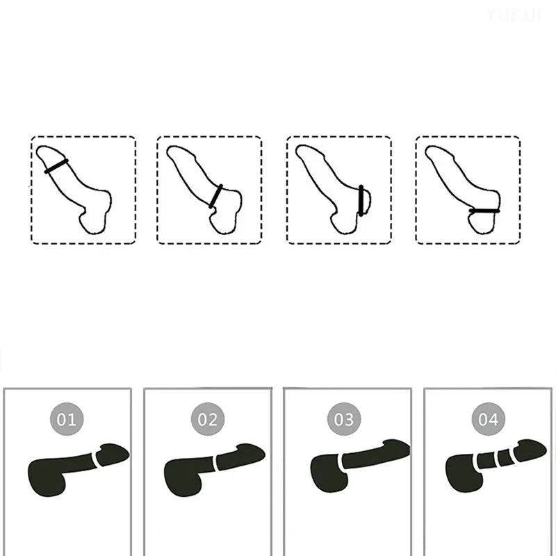 An image showing four graphic of penises with cock rings in various positions, and four graphics of penises with cock rings in various positions but from a different angle.