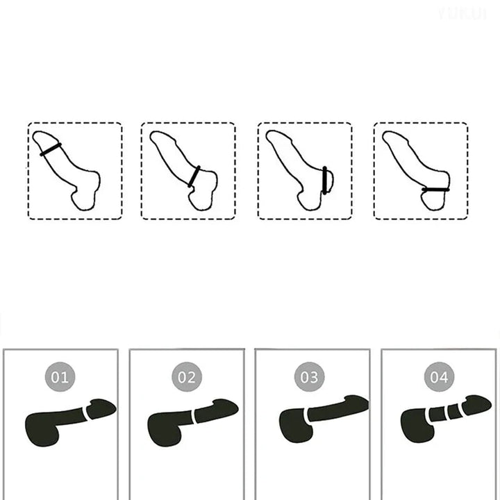 An image showing four graphic of penises with cock rings in various positions, and four graphics of penises with cock rings in various positions but from a different angle.