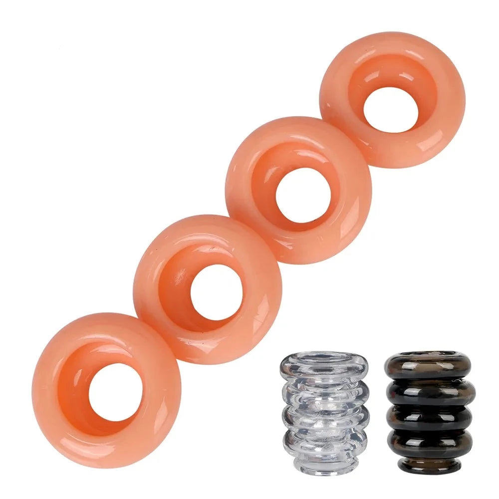 A set of orange interlocking cock rings with an expandable design, including smaller images of the clear and black colors of the interlocking cock rings