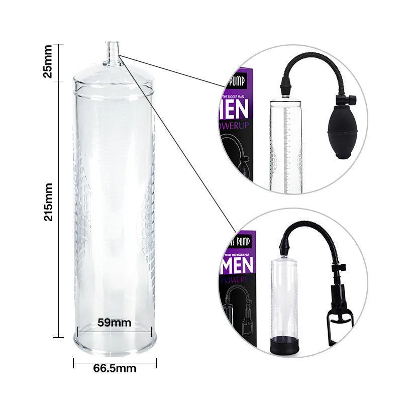 An image showing the dimensions of the large spare replacement part for the starter penis pump of 215 mm long and 59 mm in diameter, along with the compatible hose and hand pump, on a white background