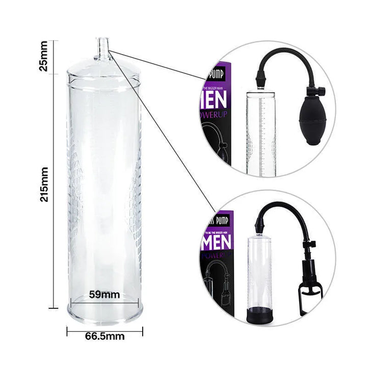 An image showing the dimensions of the large spare replacement part for the starter penis pump of 215 mm long and 59 mm in diameter, along with the compatible hose and hand pump, on a white background