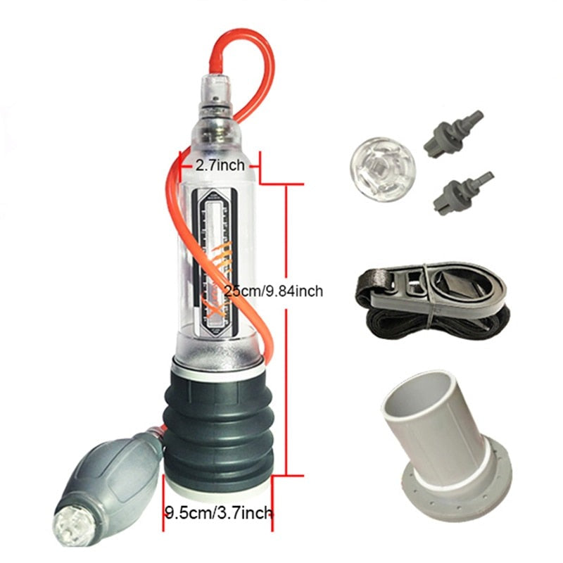 Large water penis pump with measurements and package components