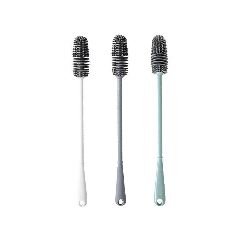 A group photo of the long silicone cleaning brush for penis pump cylinders comprising three equally long handles with spiked soft silicone heads in white, gray and teal colors
