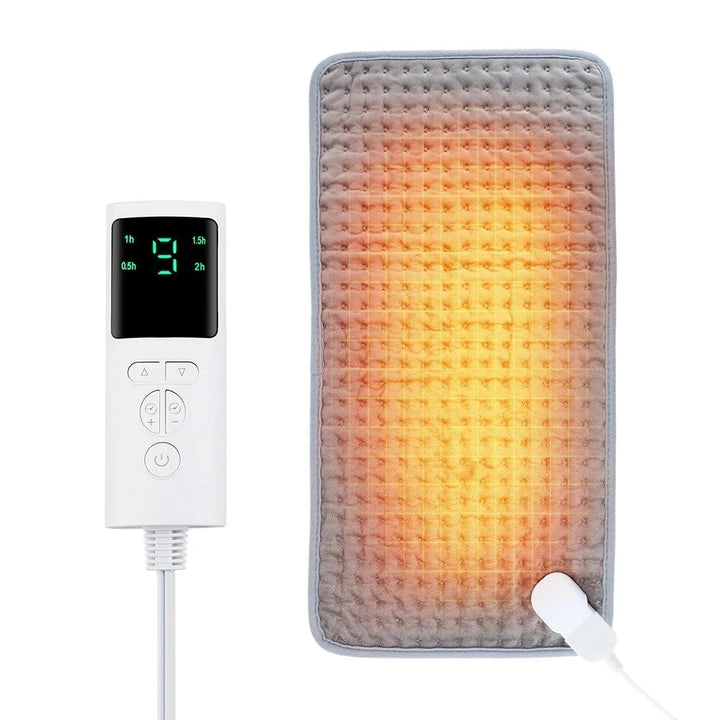 A basic product photo of the electric heating pad with a white LCD remote control with the number 9 on the screen