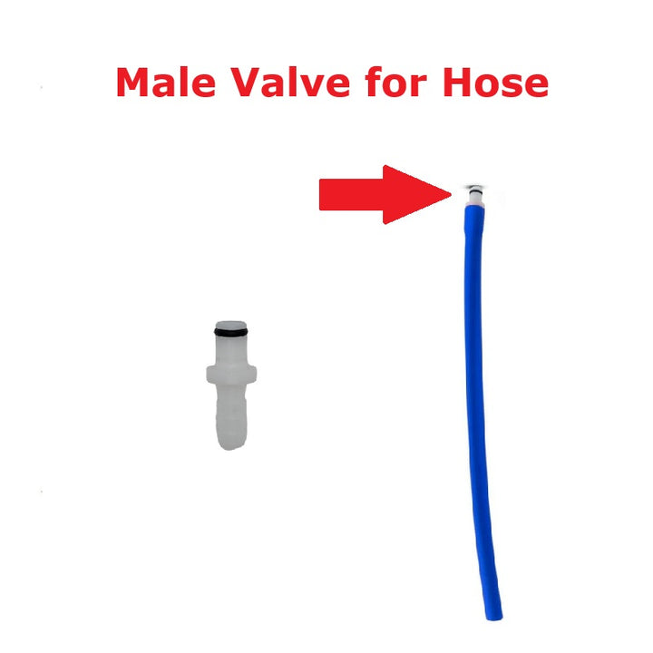 Male valve for hose with a blue hose on a white background