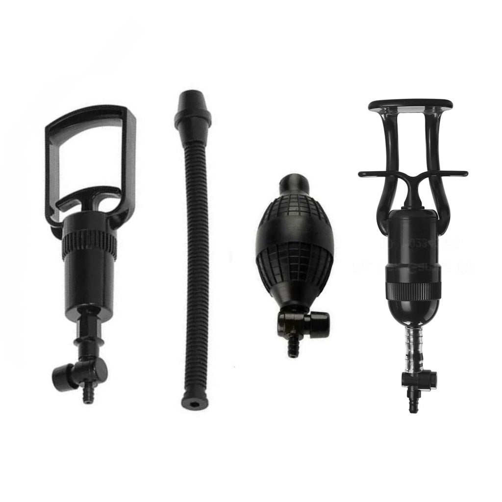 The image shows four black manual air penis pump replacement parts: a ball pump, handle pump, ergonomic handle pump, and manual pump hose, all made of ABS plastic.