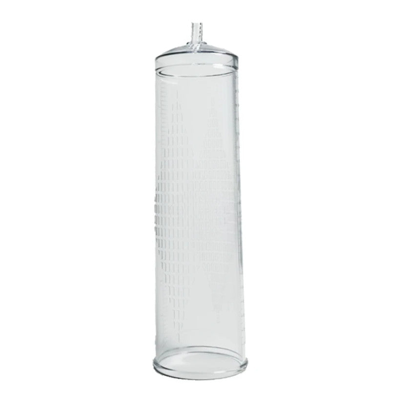 An image showing the larger starter air penis pump replacement cylinder with a clear honeycomb texture, ABS plastic material, and a ruler imprint on a white background